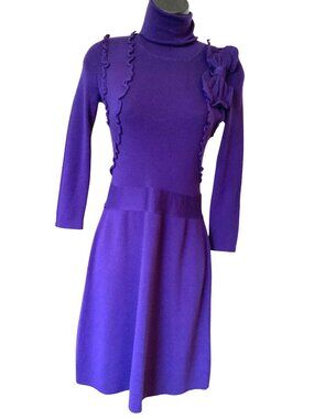 Valentino Purple Wool Knit Long-Sleeve Dress With Ruffle And Bow Detail small